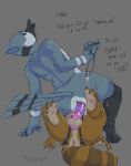  anal anal_penetration anthro anus avian balls bird blue_body blue_jay brown_body brown_fur butt cartoon_network chastity_cage chastity_device corvid dialogue dildo duo erection feathers fur genitals grey_background hi_res jay_(bird) lying male male/male mammal mordecai_(regular_show) new_world_jay nude on_back oscine passerine penetration penis procyonid raccoon regular_show rigby_(regular_show) rocketshibaa sex_toy simple_background strapon tail tail_feathers 