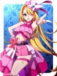  1girl bare_shoulders belt_bow blonde_hair blue_background brooch butterfly_earrings cure_butterfly earrings gloves hat highres hijiri_ageha hirogaru_sky!_precure jewelry long_hair magical_girl midriff mini_hat mini_top_hat one_eye_closed pink_headwear pink_skirt precure purple_eyes sebunsu single_leg_pantyhose skirt smile solo top_hat twitter_username very_long_hair white_background wing_brooch wing_hair_ornament 