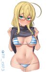  1girl absurdres ahoge bikini blonde_hair blue_bikini blue_eyes breasts clothes_lift cowboy_shot glasses grey_shirt highres i-8_(kancolle) kantai_collection large_breasts lifted_by_self low_twintails lowleg lowleg_bikini navel one-hour_drawing_challenge shirt shirt_lift simple_background solo striped striped_bikini swimsuit tf_cafe turtleneck twintails twitter_username white_background 