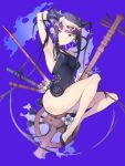  1girl armpits bare_shoulders black_dress blue_background blunt_bangs china_dress chinese_clothes detached_sleeves dress fate/grand_order fate_(series) flute full_body hair_ornament high_heels instrument leaf_hair_ornament long_hair looking_at_viewer pipa_(instrument) plum_blossom_print purple_eyes purple_hair rathalosx4 sidelocks smile solo thighs twintails very_long_hair yang_guifei_(fate) 