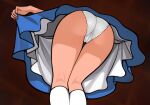  1girl alice_(alice_in_wonderland) alice_in_wonderland ass ass_focus blue_dress blurry blurry_background cameltoe clothes_lift dress dress_lift from_below loodncrood panties socks solo standing underwear white_dress white_panties white_socks 