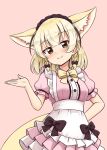  1girl alternate_costume alternate_hairstyle animal_ears apron black_bow black_headwear blonde_hair blush bow bowtie braid brown_eyes center_frills cowboy_shot dress enmaided extra_ears fennec_(kemono_friends) fox_ears fox_girl fox_tail frilled_apron frilled_dress frills hair_between_eyes highres kemono_friends looking_at_viewer maid maid_apron maid_headdress puffy_short_sleeves puffy_sleeves purple_dress shiraha_maru short_braid short_sleeves sidelocks smile solo tail twin_braids white_apron white_hair yellow_bow yellow_bowtie 