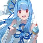  1girl blue_hair blue_ribbon blush cherry collared_dress commentary dress floating_hair flower_knot food fruit hair_intakes hair_ribbon highres holding holding_ice_cream holding_spoon ice_cream_cone incoming_food kakine kotonoha_aoi long_hair looking_at_viewer mint_chocolate open_mouth red_eyes ribbon sidelocks simple_background smile solo spoon upper_body voiceroid white_background white_dress 