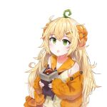  1girl absurdres blonde_hair commentary di_le_to dinergate_(girls&#039;_frontline) dress english_commentary fang female_child food-themed_hair_ornament girls&#039;_frontline green_eyes hair_ornament hairclip highres holding long_hair messy_hair off_shoulder official_alternate_costume open_mouth orange_sailor_collar orange_sweater pumpkin_hair_ornament s.a.t.8_(girls&#039;_frontline) s.a.t.8_(pumpkin_skewers)_(girls&#039;_frontline) sailor_collar simple_background sleeveless sleeveless_dress sleeves_past_wrists solo sweater upper_body very_long_hair white_background yellow_dress 