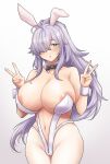  absurdres animal_ears areola_slip blue_eyes blush breasts cameltoe cleavage commentary_request double_v gnome_(last_origin) gradient_background grey_hair groin hair_over_one_eye highres huge_breasts last_origin leotard long_hair looking_at_viewer navel nkis45912708 open_mouth playboy_bunny ponytail rabbit_ears v white_background white_leotard wrist_cuffs 