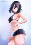  1girl absurdres alfarejected armpits bare_shoulders black_hair blue_eyes breasts exercise hair_between_eyes highres kill_la_kill looking_at_viewer matoi_ryuuko medium_breasts messy_hair multicolored_hair navel panties parted_lips profile revealing_clothes short_hair sideboob signature simple_background smile solo stomach streaked_hair sweat thighs tongue trigger_(company) turning_head two-tone_hair underwear wet wet_hair 