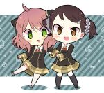  2girls :d :o ahoge anya_(spy_x_family) aqua_background becky_blackbell black_dress black_socks blush bomb_hair_ornament bow brooch brown_eyes brown_hair chibi collared_shirt commentary_request dress eden_academy_school_uniform flower_(symbol) full_body gold_trim green_eyes hair_between_eyes hair_ornament hair_scrunchie hairpods holding_hands hopechi jewelry kneehighs long_sleeves looking_at_viewer medium_hair multiple_girls neck_ribbon open_mouth pink_hair red_ribbon ribbon school_uniform scrunchie shirt short_twintails sidelocks smile socks spy_x_family square_neckline standing striped striped_background swept_bangs twintails white_background white_scrunchie white_shirt white_socks wide_sleeves wing_collar 