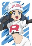  1girl :d absurdres beanie black_gloves black_hair black_shirt clenched_hand commentary_request cosplay cropped_jacket dawn_(pokemon) elbow_gloves eyelashes gloves grey_eyes hainchu hair_ornament hairclip happy hat highres jacket jessie_(pokemon) jessie_(pokemon)_(cosplay) logo long_hair navel open_mouth outstretched_arm pokemon pokemon_(anime) shirt short_sleeves sidelocks skirt smile solo team_rocket team_rocket_uniform tongue white_headwear white_jacket white_skirt 