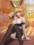  1girl absurd_fox absurdres alternate_costume animal_ears arknights bare_shoulders black_thighhighs blonde_hair breasts cleavage dorothy_(arknights) hair_between_eyes highres large_breasts long_hair looking_at_viewer maid sitting solo thighhighs yellow_eyes 