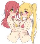  2girls bikini blonde_hair blush bocchi_the_rock! breasts green_eyes hair_between_eyes highres ijichi_nijika long_hair looking_at_viewer mel_(melty_pot) multiple_girls red_eyes red_hair side_ponytail simple_background small_breasts swimsuit white_background 