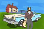  anthro canid canine canis clothed clothing delta_dewitt detailed_background digital_media_(artwork) domestic_dog ford fur hair male mammal solo vehicle 