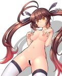  1girl bar_censor blush breasts brown_eyes brown_hair censored covering_nipples embarrassed from_below girls&#039;_frontline highres long_hair m14_(girls&#039;_frontline) nude pussy ranken shadow simple_background solo sweat thighhighs twintails very_long_hair white_background 