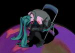  1girl absurdres aqua_necktie black_skirt boots chair collared_shirt danciingcosmos depressed detached_sleeves folding_chair grey_shirt hatsune_miku head_down headset highres hunched_over long_hair meme necktie neon_genesis_evangelion number_tattoo pleated_skirt scene_reference shinji_in_a_chair_(meme) shirt shoulder_tattoo sitting skirt solo tattoo thigh_boots very_long_hair vocaloid 