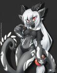  anthro black_body clohed dragon female hair hi_res horn red_eyes rilex_lenov simple_background solo white_hair 