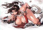  1girl absurdres bare_legs bare_shoulders black_gloves black_socks breasts brown_hair cleavage commentary english_commentary fatal_fury fighting_stance fingerless_gloves floating_hair folded_fan folding_fan full_body gloves grey_eyes hand_fan hanging_breasts high_ponytail highres kyuuakaku large_breasts long_hair looking_to_the_side ninja no_bra pelvic_curtain ponytail revealing_clothes sash shiranui_mai socks solo the_king_of_fighters thighs toeless_footwear toeless_legwear 