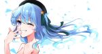  1girl bare_shoulders beret black_headwear blue_eyes blue_hair commentary_request floating_hair green_ribbon grin hair_ribbon hand_to_own_mouth hand_up hat highres hololive hoshimachi_suisei hoshimachi_suisei_(3rd_costume) long_hair looking_at_viewer official_alternate_hairstyle one_eye_closed one_side_up partial_commentary portrait ribbon simple_background smile solo star_(symbol) star_in_eye symbol_in_eye teeth tilu virtual_youtuber white_background 