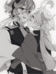  2girls ahoge arm_around_back asticassia_school_uniform blush collared_jacket eye_contact face-to-face from_side greyscale gundam gundam_suisei_no_majo hair_between_eyes hairband long_hair long_sleeves looking_at_another miorine_rembran monochrome multiple_girls open_mouth raised_eyebrows school_uniform short_hair shoulder_boards sidelocks sirako suletta_mercury teeth thick_eyebrows upper_body upper_teeth_only yuri 