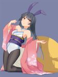  bare_shoulders black_hair black_pantyhose blue_background blue_leotard cherry_blossom_print detached_collar floral_print full_body grey_hair highres japanese_clothes kimono kneeling leotard long_hair looking_at_viewer nontraditional_playboy_bunny obi original pantyhose pink_kimono playboy_bunny purple_sash sash shadow simple_background strapless strapless_leotard tamanoti 