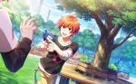  2boys ahoge aoi_kyosuke aoi_yusuke building bush fingernails grass hair_between_eyes highres holding holding_water_gun idolmaster idolmaster_side-m idolmaster_side-m_live_on_stage! layered_sleeves long_sleeves male_focus multiple_boys official_art open_mouth orange_eyes outdoors short_over_long_sleeves short_sleeves sweat teeth tree undershirt upper_teeth_only water_gun 