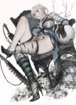  aoin bandaged_arm bandaged_leg bandaged_neck bandages breasts chair flower grimoire_weiss hair_flower hair_ornament high_heels highres jagged_sword kaine_(nier) large_breasts lingerie lunar_tear nier nier_(series) panties sitting underboob underwear white_hair white_panties 