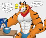  2023 abs anthro barazoku biceps biped black_body black_fur black_stripes bowl bulge catchphrase cereal cereal_box clothed clothing container dialogue digital_media_(artwork) english_text eyebrows felid food frosted_flakes fur furniture grey_background hi_res kellogg&#039;s kerchief looking_at_viewer male mammal mascot milk muscular muscular_anthro muscular_male navel orange_body orange_fur pantherine pecs pink_nose ruffusbleu simple_background solo speech_bubble standing striped_body striped_fur stripes table tail talking_to_viewer text tiger tony_the_tiger underwear underwear_only white_body white_fur yellow_sclera 