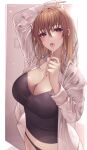  1girl alternate_costume arm_up azur_lane black_panties black_tank_top blonde_hair breasts brushing_teeth cleavage cowboy_shot hair_between_eyes highres holding holding_toothbrush implacable_(azur_lane) large_breasts long_hair long_sleeves miyuki_(9029009) panties red_eyes shirt simple_background solo tank_top toothbrush underwear white_shirt 