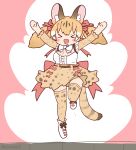  1girl animal_ears belt boots bow bowtie brown_hair cat_ears cat_girl cat_tail coroha extra_ears full_body jumping kemono_friends kemono_friends_v_project kneehighs large-spotted_genet_(kemono_friends) long_hair looking_at_viewer microphone pink_background ribbon shirt simple_background skirt socks solo tail twintails virtual_youtuber 