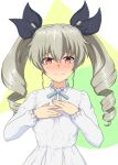  1girl absurdres ada_badguy anchovy_(girls_und_panzer) blush breasts closed_mouth dress drill_hair girls_und_panzer green_hair hair_ribbon highres long_hair looking_at_viewer medium_breasts nervous nervous_smile red_eyes ribbon simple_background smile solo twin_drills white_dress 