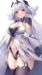  1girl absurdres azur_lane black_gloves black_panties black_thighhighs black_tiara blunt_bangs blush breasts cleavage cleavage_cutout closed_mouth clothing_cutout collarbone commentary cross detached_sleeves dress fingerless_gloves gloves groin hair_ornament highleg highleg_panties highres large_breasts long_hair looking_at_viewer marseillaise_(azur_lane) navel panties parted_lips pillow pink_eyes red_eyes revealing_clothes seele0907 simple_background skindentation smile solo standing stomach thighhighs underwear very_long_hair white_background white_dress white_hair white_sleeves 