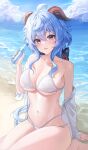  1girl absurdres ahoge alternate_costume beach bikini blue_hair blue_sky bottle breasts cloud commentary day ganyu_(genshin_impact) genshin_impact goat_horns hair_between_eyes hasom highres holding holding_bottle horns large_breasts long_hair looking_at_viewer ocean open_mouth outdoors plastic_bottle purple_eyes sand sky smile summer swimsuit water_bottle white_bikini 