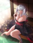  1girl absurdres aki_ukiukidoki au_ra breasts cleavage final_fantasy final_fantasy_xiv green_eyes highres japanese_clothes kimono large_breasts long_hair non-web_source tail tan warrior_of_light_(ff14) white_hair 