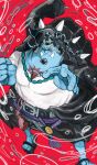  1boy alternate_costume belt black_hair blue_skin bubble clenched_hand clothes_down coat coat_on_shoulders colored_skin curly_eyebrows facial_hair fighting_stance fins fish_boy frown full_body goatee highres houkikatuhisa hydrokinesis jinbe_(one_piece) large_pectorals looking_at_viewer male_focus mature_male muscular muscular_male one_piece outstretched_arm pectoral_cleavage pectorals pointy_ears serious shirt solo spikes t-shirt tusks water webbed_hands 