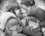  1boy 4girls absurdres atsuko_(blue_archive) bar_censor baseball_cap blue_archive blush breast_press breasts censored cooperative_fellatio erection fellatio gloves greyscale group_sex hair_between_eyes hair_over_one_eye halo handjob hat highres hiyori_(blue_archive) hood hood_up hooded_jacket jacket large_breasts licking licking_nipple licking_penis long_hair long_sleeves looking_at_viewer misaki_(blue_archive) monochrome multiple_girls nipples open_mouth oral penis pov saori_(blue_archive) shirt tongue tongue_out uko_magi 