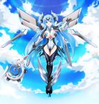  2wsxdr5tgbhu8 absurdres black_gloves blue_eyes blue_hair blue_sky boots breasts choujigen_game_neptune cloud cloudy_sky commentary_request evil_smile flying gloves highres holding holding_staff holding_weapon horns kami_jigen_game_neptune_v kiseijou_rei kiseijou_rei_(goddess_form) large_breasts leotard looking_at_viewer mecha_musume mechanical_boots mechanical_horns mechanical_wings neptune_(series) sky smile staff thighs weapon wings 