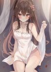  1girl blush brown_hair choker dress flower flower-shaped_pupils genshin_impact hair_between_eyes hu_tao_(genshin_impact) jewelry long_hair looking_at_viewer maruro necklace red_eyes ring smile solo symbol-shaped_pupils thighs twintails very_long_hair white_dress 