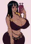  1girl black_hair breasts collarbone commentary covered_nipples denim english_commentary groin highres huge_breasts jay_marvel jeans midriff navel nico_robin one_piece pants phone smile solo stomach 