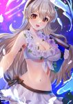  1girl bikini bikini_skirt black_hairband book breasts cleavage commentary_request corrin_(female)_(fire_emblem) corrin_(female)_(summer)_(fire_emblem) corrin_(fire_emblem) edamameoka fire_emblem fire_emblem_fates fire_emblem_heroes flower flower_necklace front-tie_bikini_top front-tie_top hair_between_eyes hair_flower hair_ornament hairband hibiscus highres holding holding_book large_breasts lei long_hair looking_at_viewer navel official_alternate_costume open_mouth pointy_ears red_eyes smile solo swimsuit white_bikini white_hair 