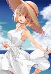  1girl absurdres blonde_hair blush breasts collarbone dress hat highres izumi_mahiru large_breasts looking_at_viewer lycoris_recoil nishikigi_chisato non-web_source ocean open_mouth outdoors short_hair sideboob sky sleeveless smile solo straw_hat white_dress 