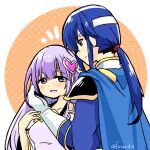  1boy 1girl blue_cape blue_hair brother_and_sister cape circlet dress fire_emblem fire_emblem:_genealogy_of_the_holy_war hair_ornament headband holding implied_incest julia_(fire_emblem) open_mouth ponytail purple_eyes purple_hair seliph_(fire_emblem) siblings simple_background smile white_headband yukia_(firstaid0) 