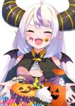  1girl ahoge black_horns braid braided_bangs closed_eyes grey_hair happy_halloween highres hololive horns la+_darknesss long_hair multicolored_hair nicky0 open_mouth pointy_ears purple_hair solo streaked_hair striped_horns virtual_youtuber yellow_eyes 