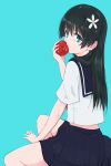  1girl absurdres apple aqua_background black_hair blue_eyes blue_sailor_collar blue_skirt eating flower food fruit hair_flower hair_ornament highres holding holding_food holding_fruit long_hair looking_at_viewer musaki_(msaki666) neckerchief pleated_skirt red_apple red_neckerchief sailor_collar sakugawa_school_uniform saten_ruiko school_uniform serafuku skirt solo toaru_kagaku_no_railgun toaru_majutsu_no_index 