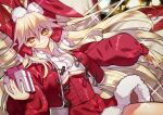  1girl animal_ears blonde_hair breasts dress fang fate/grand_order fate_(series) gift koyanskaya_(fate) koyanskaya_(lostbelt_beast:iv)_(fate) large_breasts long_hair long_sleeves rabbit_ears red_dress red_nails red_ribbon red_skirt ribbon rkp santa_costume skirt tamamo_(fate) underboob yellow_eyes 