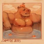  1boy arm_hair armpit_hair armpit_peek bara big_belly capy_(capyfuel) capybara_boy food food_on_head fruit fruit_on_head full_body furry furry_male goatee_stubble highres large_pectorals looking_to_the_side male_focus mandarin_orange mature_male muscular muscular_male mustache_stubble nipples nude object_on_head onsen original outstretched_arms partially_submerged pectorals short_hair solo sparse_arm_hair sparse_chest_hair spread_arms upper_body 