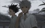  2boys black_hair candy food gon_freecss highres hunter_x_hunter killua_zoldyck lollipop looking_at_another looking_to_the_side male_child male_focus multiple_boys outdoors profile ra_yu shirt short_hair short_sleeves spiked_hair upper_body white_hair white_shirt 