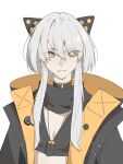  1girl animal_ears black_bra black_jacket black_unitard bra breasts cat_ears commentary_request dog_tags fake_animal_ears grey_hair hair_between_eyes highres hood hood_down jacket karenina:_blast_(punishing:_gray_raven) mechanical_ears negse_38u orange_eyes parted_lips punishing:_gray_raven short_hair_with_long_locks small_breasts solo swept_bangs underwear white_background white_hair 