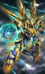  absurdres armor claws cloud commentary_request dark_clouds denjyou23 digimon digimon_(creature) energy_ball full_body gauntlets glint gold_armor helmet highres looking_ahead magnamon_x-antibody no_humans red_eyes shoulder_armor signature solo tail 