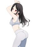  1girl absurdres arms_up ass black_hair blush bra breasts closed_mouth coro_fae cowboy_shot dot_nose expressionless from_side grey_bra grey_pants grey_sports_bra hair_down highres kaguya-sama_wa_kokurasetai_~tensai-tachi_no_renai_zunousen~ leaning_forward long_hair looking_at_viewer looking_back paid_reward_available pants pantylines parted_bangs red_eyes shinomiya_kaguya sidelocks simple_background small_breasts solo sports_bra sportswear standing underwear white_background yoga_pants 