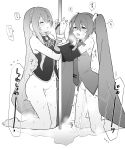  2girls arm_tattoo arm_warmers bare_shoulders barefoot bdsm blush bondage bottomless bound bound_wrists breast_pocket breasts breath closed_eyes collared_shirt commentary_request commission crying detached_sleeves embarrassed feet flat_chest greyscale groin hair_between_eyes hair_ornament hairband half-closed_eyes hands_up hatsune_miku heart heavy_breathing highres knees_together_feet_apart legs long_hair long_sleeves megurine_luka moaning monochrome multiple_girls navel necktie nose_blush nuruko_(nuru55555) own_hands_together pee peeing pocket puddle pussy raised_eyebrows shirt sidelocks simple_background skeb_commission sleeveless sleeveless_shirt small_breasts speech_bubble spoken_heart steam sweat tape tattoo tears thighs tie_clip tied_together translation_request trembling twintails uncensored very_long_hair vocaloid white_background 