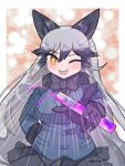  1girl animal_ears aramaru black_gloves black_hair blush bow bowtie breasts extra_ears fox_ears fur_trim gloves grey_hair hair_between_eyes highres holding holding_test_tube jacket kemono_friends kemono_friends_3 large_breasts long_hair long_sleeves looking_at_viewer multicolored_hair one_eye_closed open_mouth silver_fox_(kemono_friends) skirt solo test_tube 
