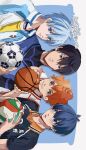  4boys ahoge ball basketball_(object) black_bodysuit black_hair black_shirt blue_eyes blue_hair blue_jacket blue_lock bodysuit closed_mouth crossover en_llll free! goggles goggles_around_neck haikyuu!! highres hinata_shouyou holding holding_ball isagi_yoichi jacket kuroko_no_basuke kuroko_tetsuya looking_at_another male_focus matsuoka_rin multiple_boys open_mouth orange_eyes orange_hair shirt short_hair sideways smile soccer_ball volleyball white_jacket 